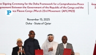 Representatives of Democratic Republic of the Congo (DRC) and the Congo River Alliance (M23 Movement) sign and exchange the framework for peace agreement in the presence of Minister of State at the Ministry of Foreign Affairs H E Dr. Mohammed bin Abdulaziz bin Saleh Al Khulaifi. Pic: Salim Matramkot/The Peninsula