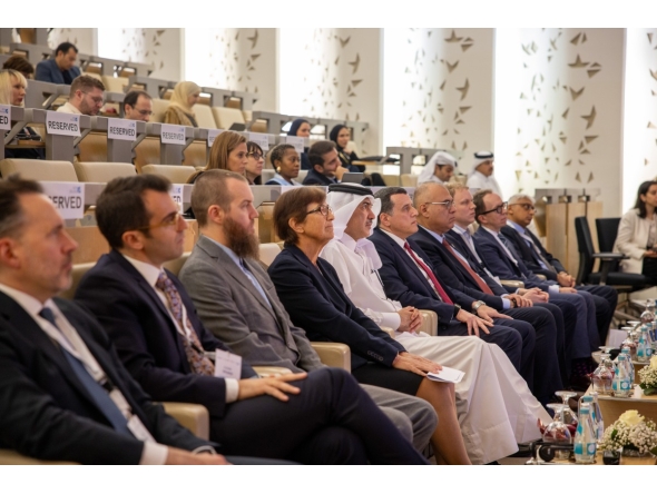 Minister of State for Foreign Trade Affairs H E Dr. Ahmed bin Mohammed Al-Sayed, Dean of the College of Law at HBKU Dr. Susan L Karamanian along with other officials during the event.