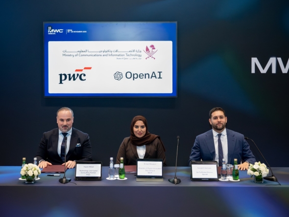 Director of the Digital Innovation Department at MCIT Iman Ahmed Al-Kuwari, Technology Consulting Partner at PwC Middle East Yazan Al Safi, and Head of Enterprise for MENA at OpenAI Farouk El Hamzawi during the agreement signing.v