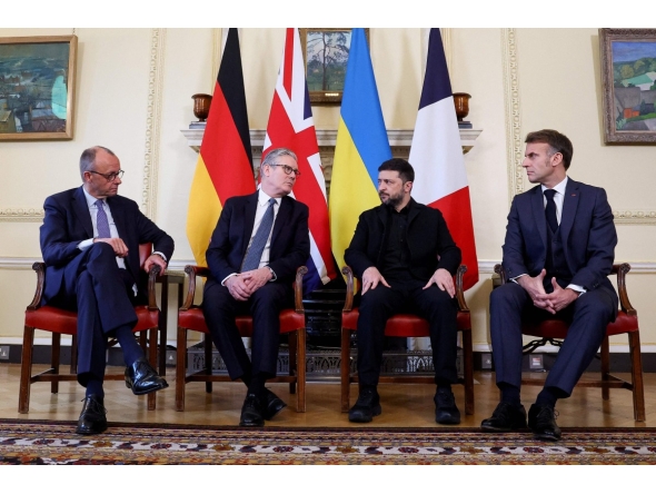 FROM LEFT: Germany’s Chancellor Friedrich Merz, Britain’s Prime Minister Keir Starmer, Ukraine’s President Volodymyr Zelensky and French President Emmanuel Macron during the meetings. (AFP)