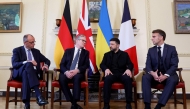 FROM LEFT: Germany’s Chancellor Friedrich Merz, Britain’s Prime Minister Keir Starmer, Ukraine’s President Volodymyr Zelensky and French President Emmanuel Macron during the meetings. (AFP)
