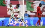 Algeria's forward #7 Riyad Mahrez (L) celebrates scoring the team's second goal with Algeria's midfielder #14 Hicham Boudaoui during the Africa Cup of Nations (CAN) Group E football match between Algeria and Sudan at Moulay Hassan Stadium in Rabat on December 24, 2025. (Photo by SEBASTIEN BOZON / AFP)
