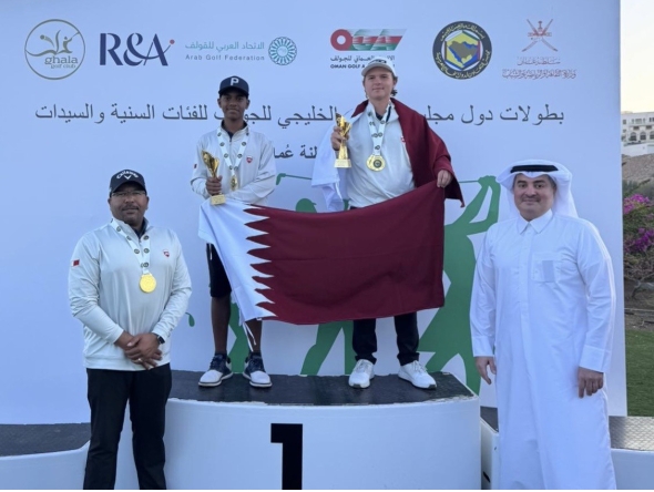Qatar players celebrate on the podium after winning the U-16 team and individual titles at the Gulf Golf Championship in Oman.