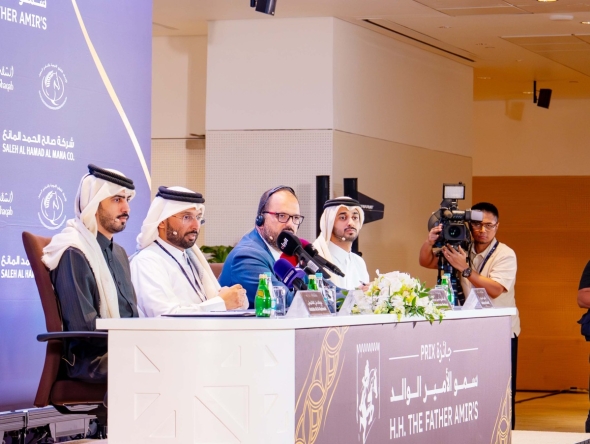 FROM LEFT: Director of Marketing and Communications Abdullah Al Qashouti, Deputy Event Director Mohammed Jaber Al Khayarin, CEO of In2Strides Alejandro Ancin Berdegue and Sporting Director of the Event Salemain Al Suwaidi attending a press conference at Al Shaqab yesterday.    