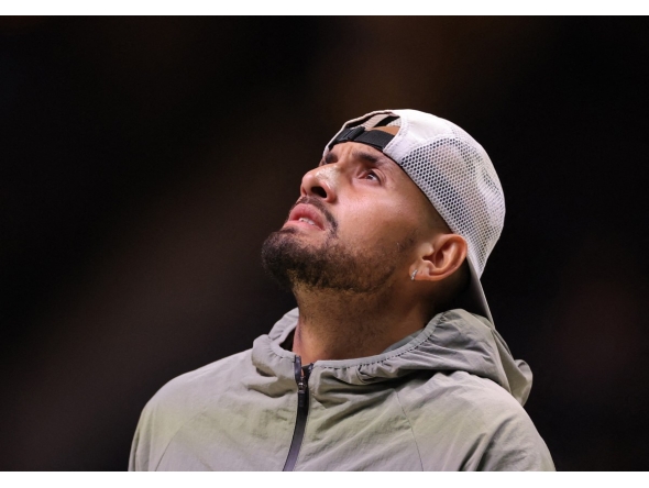 Australia's Nick Kyrgios reacts after winning his tennis match against Belarus’ Aryna Sabalenka in Dubai on December 28, 2025. Photo by Amr Alfiky / POOL / AFP
