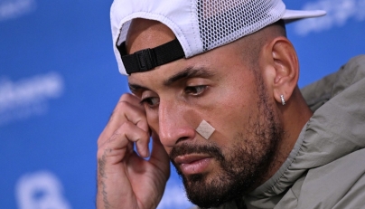 Nick Kyrgios speaks during a press conference after losing his men's singles match against Aleksandar Kovacevic at the Brisbane International tennis tournament on January 6, 2026. (Photo by William WEST / AFP)