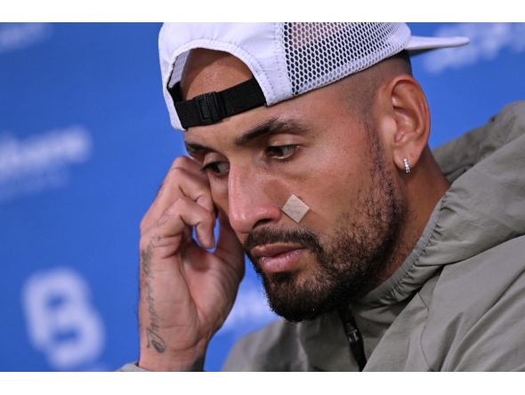 Nick Kyrgios speaks during a press conference after losing his men's singles match against Aleksandar Kovacevic at the Brisbane International tennis tournament on January 6, 2026. (Photo by William WEST / AFP)