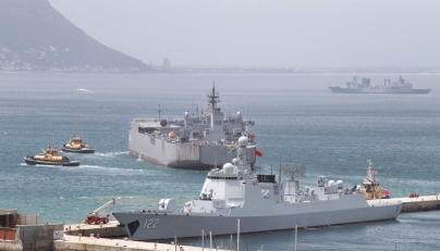 A general view of Chinese and Iranian navy ships docked at Simon's Town Harbour near Cape Town, on January 8, 2026 (Photo by RODGER BOSCH / AFP)