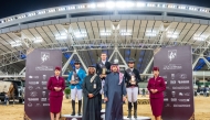 Minister of Public Health H E Mansoor bin Ebrahim bin Saad Al Mahmoud crowned the podium winners of CSI3* 1.50m Grand Prix Jump-Off. Deputy Event Director Mohammed Jaber Al Khayarin was also present. Britain’s Scott Brash won the title with Belgium’s Abdel Said claiming second place. USA’s Kristen Vanderveen was third in the event.