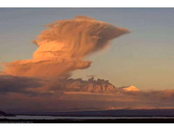 Screengrab from a Telegram footage shared on January 28, 2026, shows an ash cloud from the Shiveluch volcano. (Photo by Handout / Kamchatka branch of the Federal Research Center Geophysical Service of Russian Academy of Sciences / AFP)