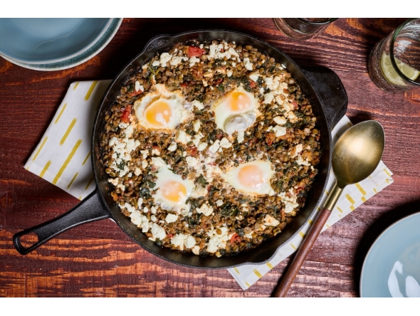 Lentil Skillet With Spinach, Tomato, Egg and Feta. Marvin Joseph/The Washington Post; food styling by Carolyn Robb