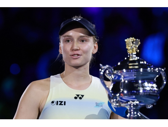 Kazakhstan's Elena Rybakina after her victory against Belarus' Aryna Sabalenka during the women's singles final match in Melbourne on January 31, 2026. (Photo by David Gray / AFP) 