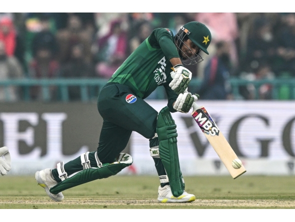 Pakistan's Saim Ayub plays a shot during the third Twenty20 international cricket match between Pakistan and Australia at the Gaddafi Stadium in Lahore on February 1, 2026. (Photo by Arif ALI / AFP)
