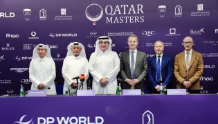 FROM LEFT: QGA Board Member Mohammed Faisal Al Naimi, QGA General Secretary Fahad Nasser Al Naimi, QGA President Hamad Al Mana, Head of Middle East for the DP World Tour Tom Phillips, DP World Tour Senior Tournament Director Mikael Eriksson and QGA Technical Director Mike Shoueiry at a press conference.    