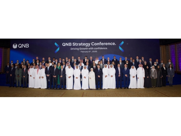 QNB Group CEO Abdulla Mubarak Al-Khalifa with other officials and staff during the annual Strategy Conference in Cairo, Egypt.