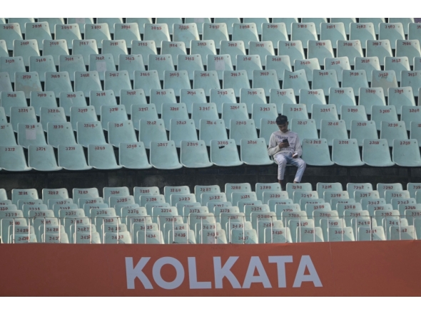 Empty stands are seen during the 2026 ICC Men's T20 Cricket World Cup group stage match between Scotland and West Indies at the Eden Gardens in Kolkata on February 7, 2026. (Photo by Dibyangshu Sarkar / AFP)