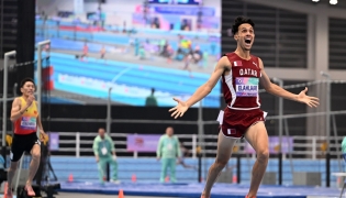 Qatar's Zakaria Elahlaami celebrates after winning 1500m final. PICS: Xinhua 