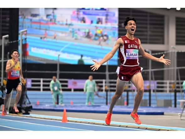Qatar's Zakaria Elahlaami celebrates after winning 1500m final. PICS: Xinhua 