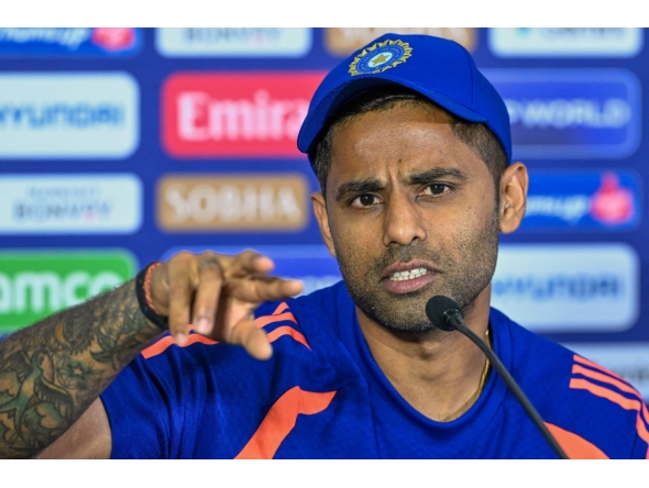 India's captain Suryakumar Yadav addresses a press conference on the eve of their 2026 ICC Men's T20 Cricket World Cup group stage match against Pakistan at the R Premadasa Stadium in Colombo on February 14, 2026. (Photo by Ishara S. KODIKARA / AFP)
