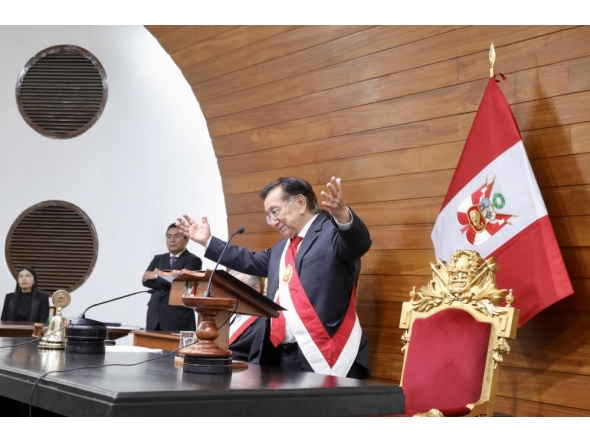 Jose Balcazar speaks after being sworn in as president of Peru at the Congress of the Republic of Peru, in Lima, Peru, on Feb. 18, 2026. (Peru's Congress/Handout via Xinhua)