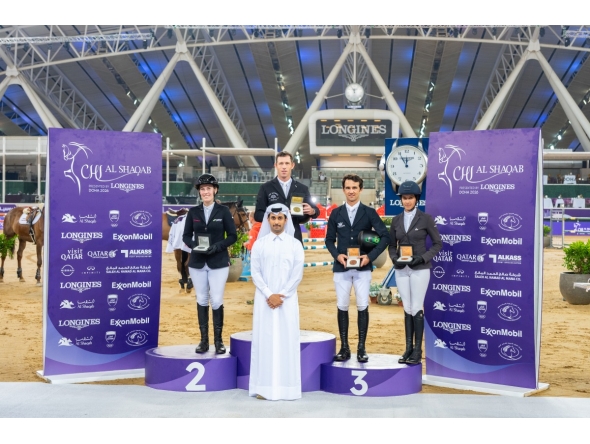 The podium winners of the CSI5 1.50m Faults & Time class, the feature event on opening day, pose for a photo. 