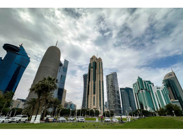 High-rise buildings along the Doha Corniche on March 8, 2026. (Photo by Karim Jaafar / AFP)
