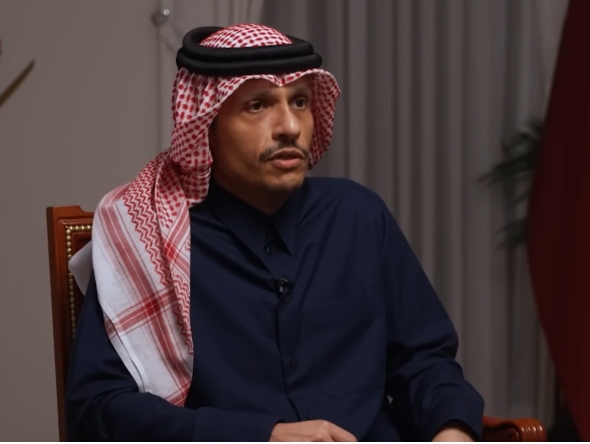 Video grab from the Sky News interview of Prime Minister and Minister of Foreign Affairs H E Sheikh Mohammed bin Abdulrahman bin Jassim Al-Thani