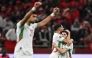Morocco's forward #10 Brahim Diaz (R) celebrates scoring his team's first goal with Morocco's defender #02 Achraf Hakimi (2nd R) during the Africa Cup of Nations (CAN) quarter-final football match between Cameroon and Morocco at the Prince Moulay Abdallah stadium in Rabat on January 9, 2026. (Photo by Gabriel Bouys / AFP)