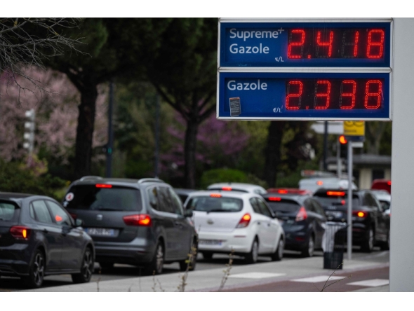 This photograph taken on April 3, 2026, shows the prices per litre for diesel fuel at a petrol station in Toulouse, southwestern France. (Photo by Lionel Bonaventure / AFP)