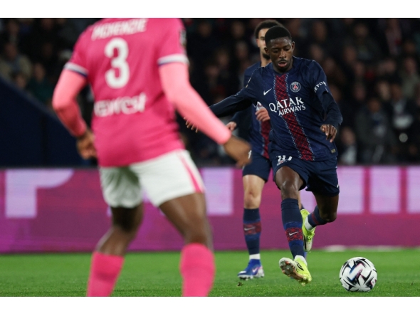 Paris Saint-Germain's French forward #10 Ousmane Dembele kicks the ball during the French L1 football match between Paris Saint-Germain (PSG) and Toulouse FC at the Parc des Princes stadium in Paris on April 3, 2026. (Photo by Anne-Christine Poujoulat / AFP)