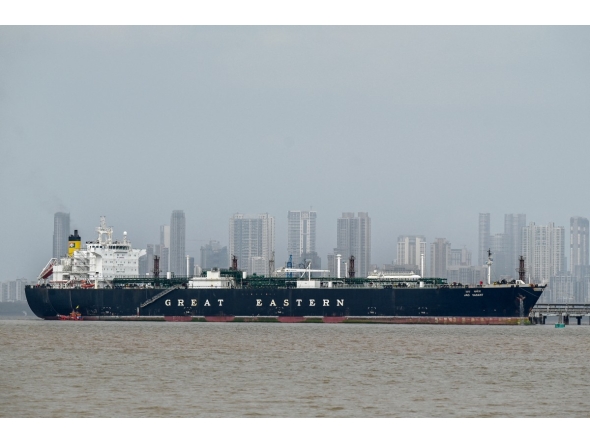 File photo of an Indian-flagged tanker Jag Vasant carrying liquefied petroleum gas (LPG) that transited through the Strait of Hormuz docked at an offloading terminal along the coast in Mumbai on April 1, 2026. (Photo by Punit Paranjpe / AFP)
