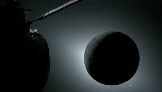 This handout picture released by NASA on April 7, 2026, shows the Orion spacecraft (L) and the Moon backlit by the Sun during a solar eclipse on April 6, 2026. Photo by Handout / NASA / AFP