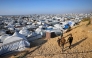 Boys walk past the tents at a makeshift camp for displaced Palestinians in Khan Yunis, in the southern Gaza Strip on April 10, 2026. (Photo by Bashar Taleb / AFP)