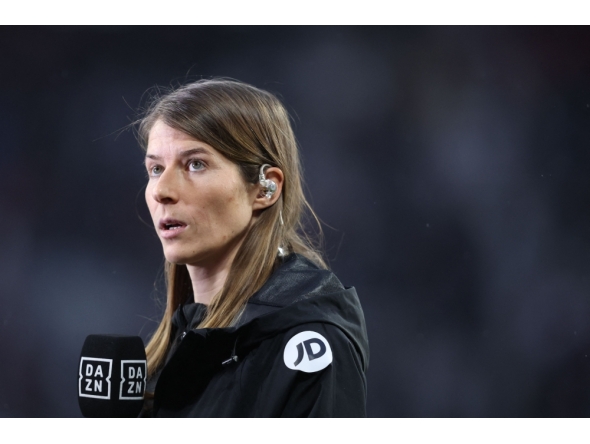 (Files) Union Berlin's German assistant coach Marie-Louise Eta gives an interview in Leipzig, eastern Germany on February 4, 2024. (Photo by Ronny Hartmann / AFP) 