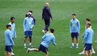 Barcelona players attend a training session on the eve of their UEFA Champions League quarter final second leg football match against Club Atletico de Madrid at Metropolitano Stadium in Madrid (Photo by Thomas Coex / AFP)