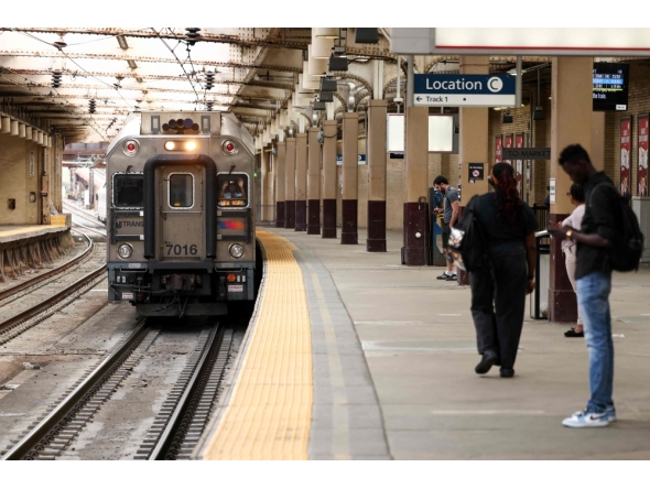 An NJ Transit train bound for New York pulls into Newark Penn Station in Newark, New Jersey on April 17, 2026. (Photo by Charly Triballeau / AFP)