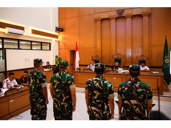 INDONESIA-RIGHTS-CRIME-COURT
Military personnel accused of throwing acid at human rights activist Andri Yunus attend a trial at a military court in Jakarta on April 29, 2026. 

 (Photo by Aditya Irawan / AFP)