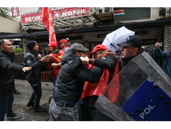 TURKIYE-POLITICS-SOCIAL-LABOUR-MAY DAY-DEMO
Turkish police and protestors scuffle during a May Day (Labour Day) rally, marking international Workers' Day, in Besiktas, a district of Istanbul, on May 1, 2026. 
(Photo by BERK OZKAN / AFP)
