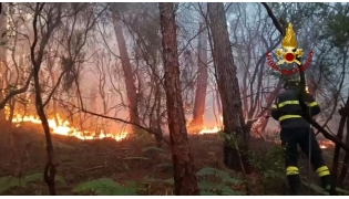 This photo taken and handout on May 1, 2026 by the Vigili del Fuoco, the Italian Corps. of Firefighters, shows firefighters trying to extinguish a major fire on Mount Faeta in the area between the provinces of Lucca and Pisa in the Tuscany region. (Photo by HANDOUT / Vigili del Fuoco / AFP) 