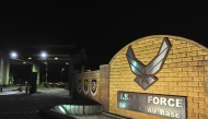 (Files) A picture taken on January 17, 2016, shows the logo at the entrance of the US Air base in Ramstein. (Photo by Jean-Christophe Verhaegen / AFP)