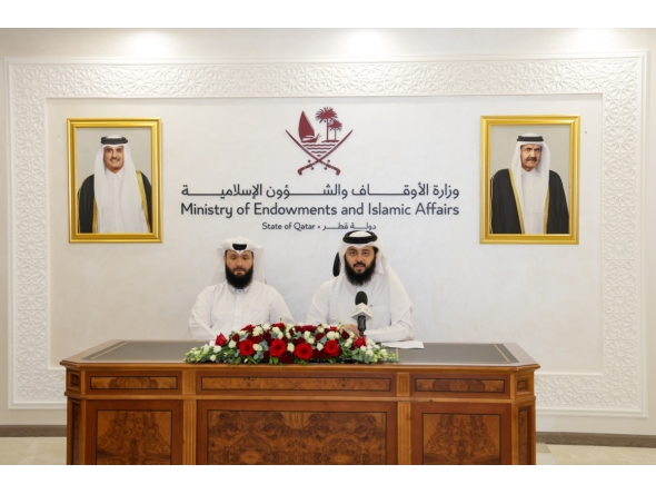Director of the Da’wah and Religious Guidance Department Jassim bin Abdullah Al Ali, and Head of the Religious Guidance Section Muath Yousuf Al Qasim addressing a press conference.