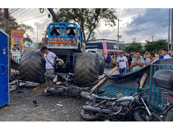 Handout picture released by the National Police press office showing a monster truck after an accident during a show in Popayan, Cauca province, COlombia, on May 3, 2026. Photo by PRENSA POLICIA NACIONAL / COLOMBIA'S NATIONAL POLICE PRESS OFFICE / AFP