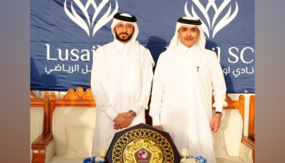 Lusail SC President Nawaf Mohammed Al-Mudahka with Sheikh Saud bin Khalid bin Hamad Al-Thani during the event held at Al-Aqla Lusail yesterday. 