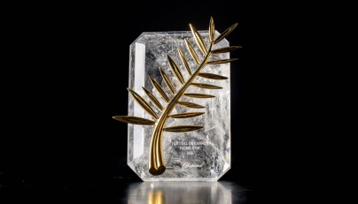 The Palme d'Or trophy is photographed at Chopard's high-jewelry workshops, in Meyrin near Geneva, on April 21, 2026. Photo by Fabrice COFFRINI / AFP