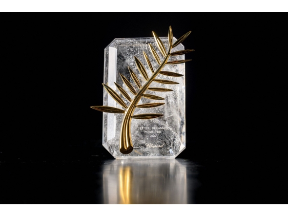 The Palme d'Or trophy is photographed at Chopard's high-jewelry workshops, in Meyrin near Geneva, on April 21, 2026. Photo by Fabrice COFFRINI / AFP