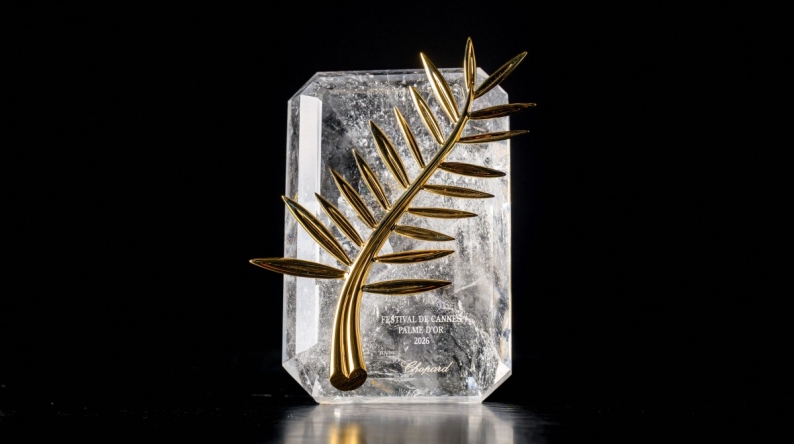 The Palme d'Or trophy is photographed at Chopard's high-jewelry workshops, in Meyrin near Geneva, on April 21, 2026. Photo by Fabrice COFFRINI / AFP