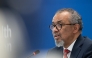 This handhout photograph taken and released on May 7, 2026 by the World Health Organization (WHO) shows its Director-General Tedros Adhanom Ghebreyesus speaking during a virtual press conference on the hantavirus cluster linked to a cruise ship travel, at the WHO headquarters, in Geneva. Photo by CHRISTOPHER BLACK / WORLD HEALTH ORGANIZATION / AFP