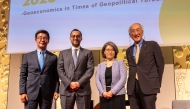 Assistant Undersecretary for Commercial Affairs at MoCI H E Saleh Abdullah Al Mana with other officials during the Geoeconomic Summit 2026 held in Tokyo, Japan.