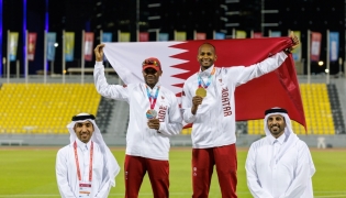 Mutaz Barshim (right) and his father Essa Barshim share a proud moment with their medals after a memorable night at the 4th GCC Games Doha 2026.