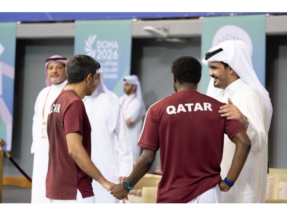 President of the Olympic Council of Asia and Qatar Olympic Committee H E Sheikh Joaan bin Hamad Al-Thani, also the Chairman of the organising  Committee of the GCC Games Doha 2026, attend the padel match between Qatar and Saudi Arabia at Aspire Dome yesterday.  
